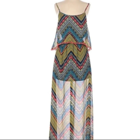 Umgee Aztec Chevron Print Semi Sheer Boho Maxi Dress with Back Cutout Small - Picture 5 of 15